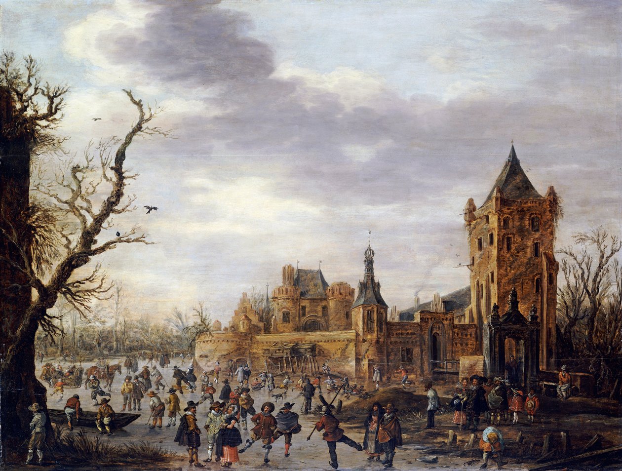 En utsikt over Kasteel Batestein Vianen, om vinteren med en gentleman, hans kone og følge som ser på vintersport på isen av Jan Josephsz van Goyen
