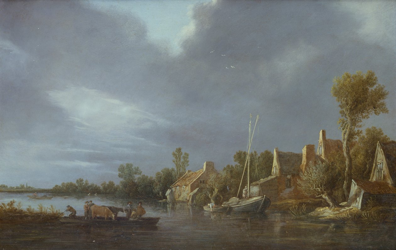 En landsby ved en elv med bønder og storfe på en ferge av Jan Josephsz van Goyen