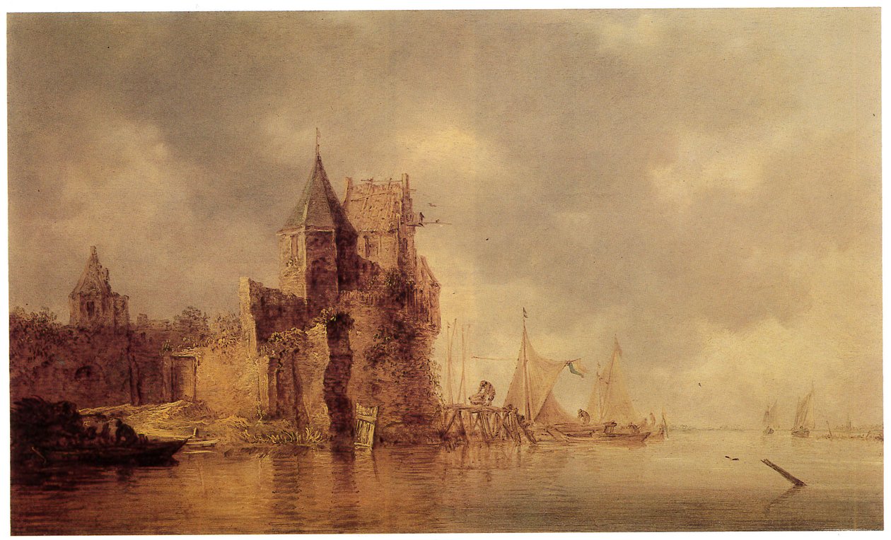 Et middelaldertårn på en slottsvollen med seilskuter ved en brygge og en robåt i forgrunnen, ca. 1642 (olje på panel) av Jan Josephsz van Goyen