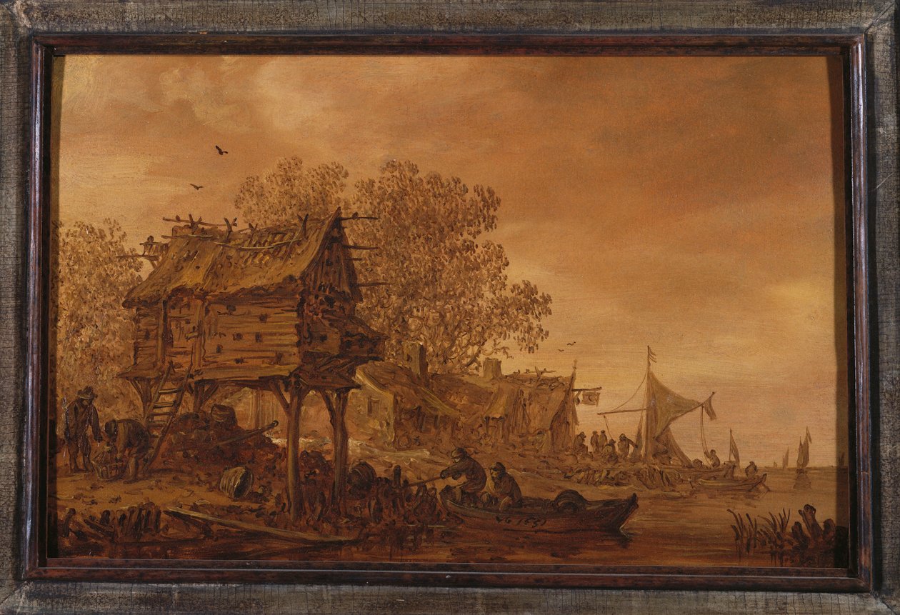 En landsby ved en elvebredd med bønder i en båt ved et dueslag, 1651 av Jan Josephsz van Goyen