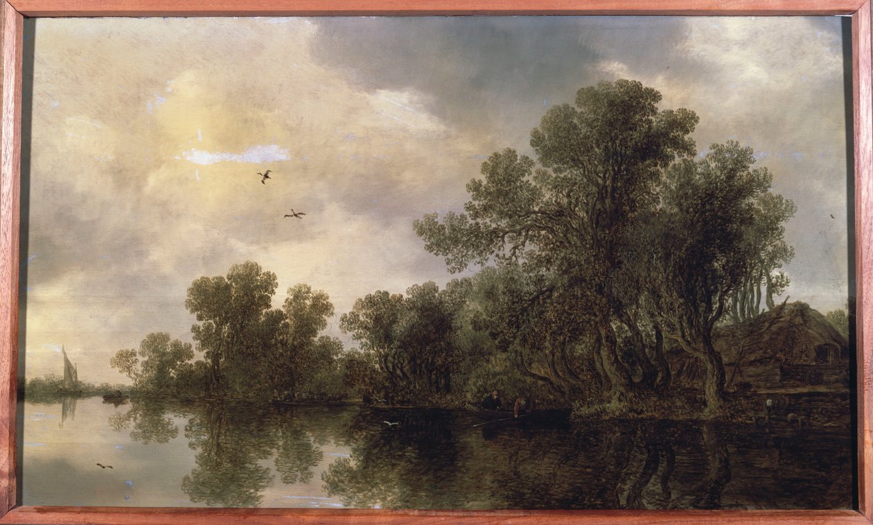 Et skogkledd elvelandskap, med bønder i en robåt ved en hytte og en ferge, en seilbåt i det fjerne, 1633 av Jan Josephsz van Goyen