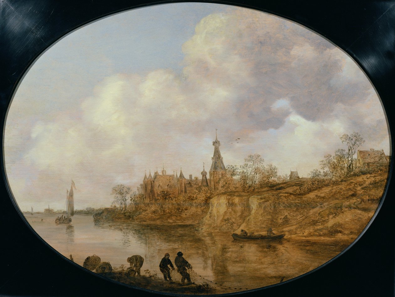 Tre fiskere som drar et garn og kurver på bredden av et elvelandskap med et slott og en landsby i det fjerne av Jan Josephsz van Goyen