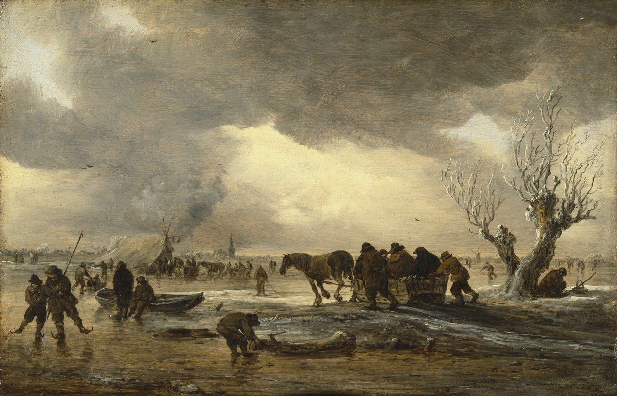 Vinterscene med slede i forgrunnen og figurer som samles rundt et telt på isen av Jan Josephsz van Goyen