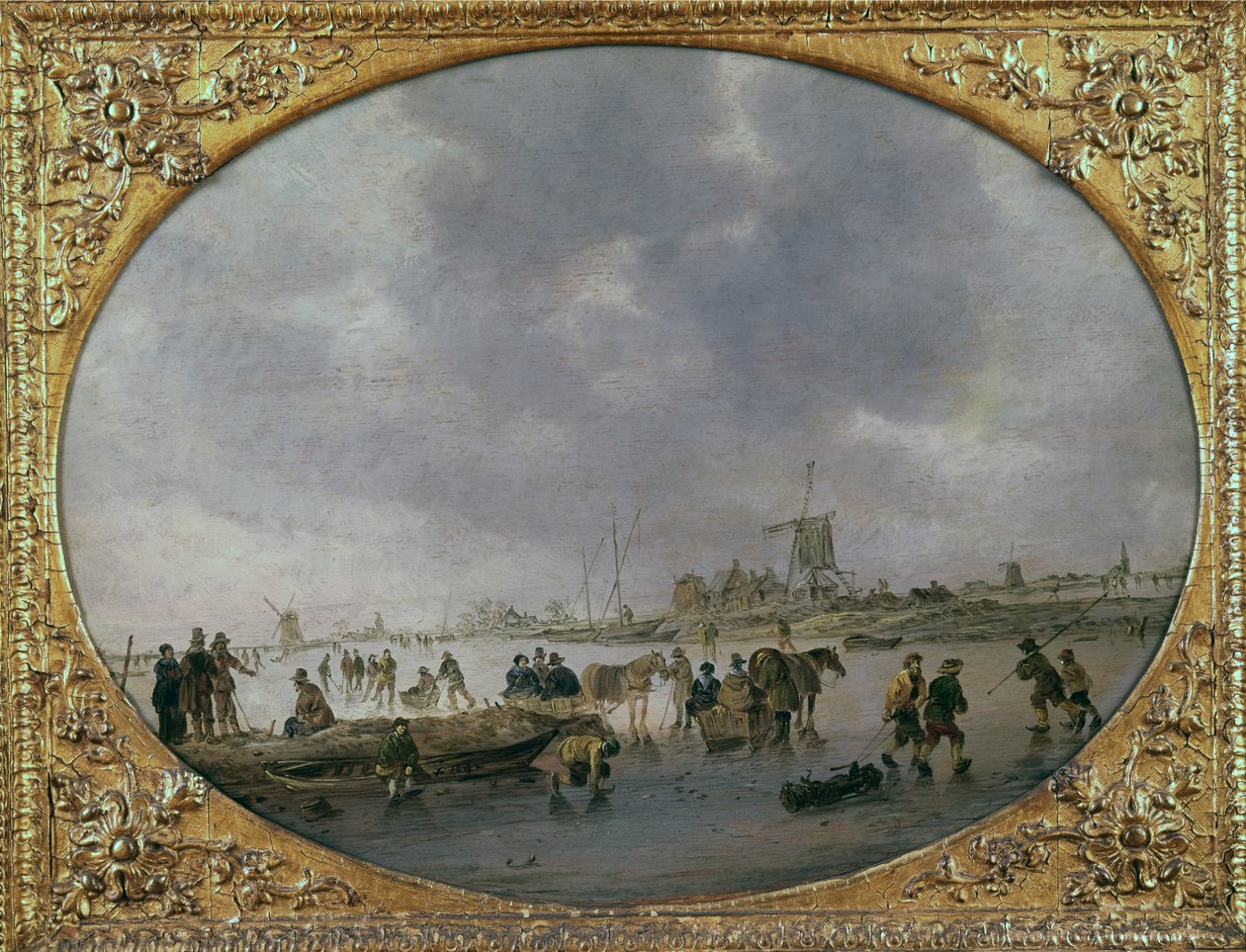 Vinterscene med figurer på en frossen innsjø (olje på panel) av Jan Josephsz van Goyen