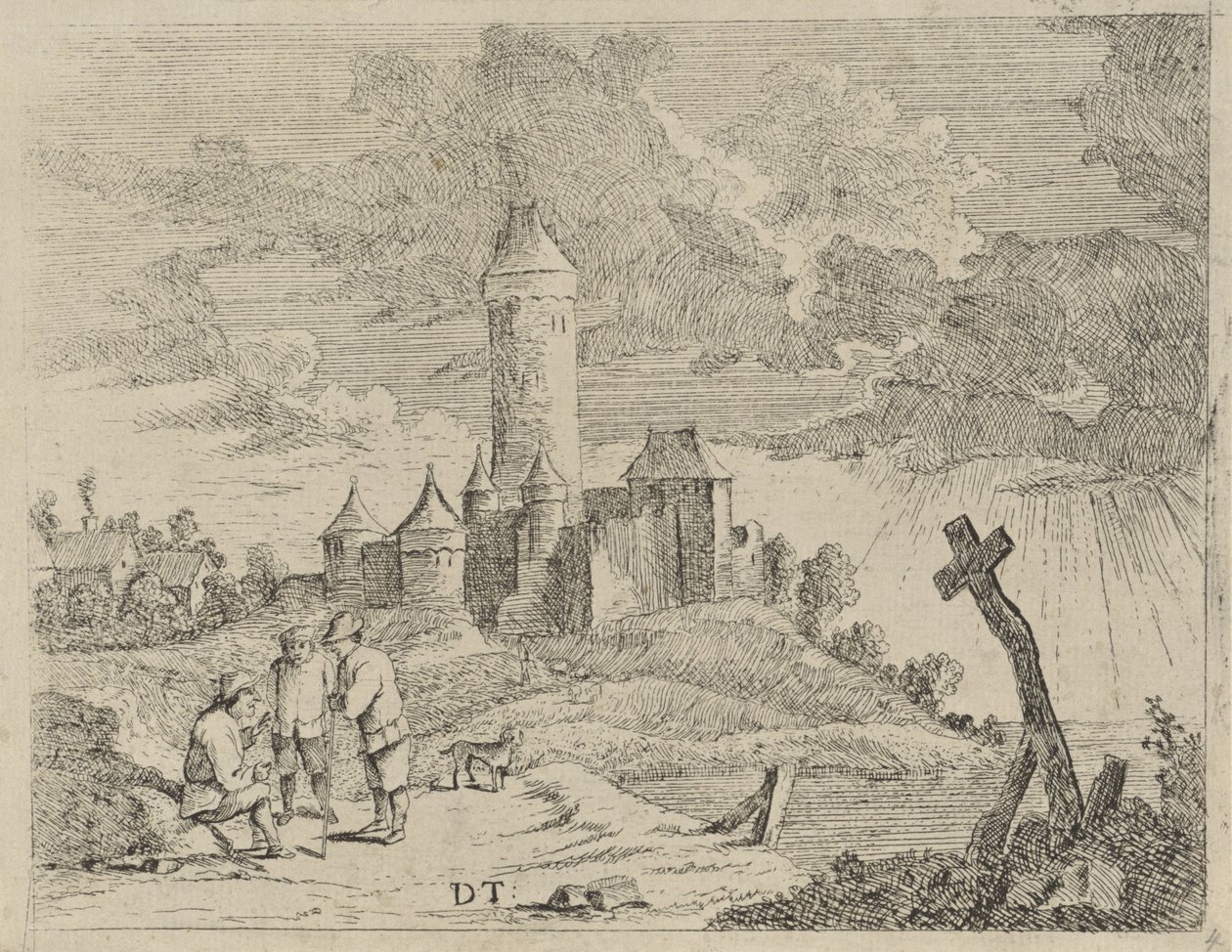 Landskap med slott og tre menn av Jan Lauwryn Krafft (I) (possibly)