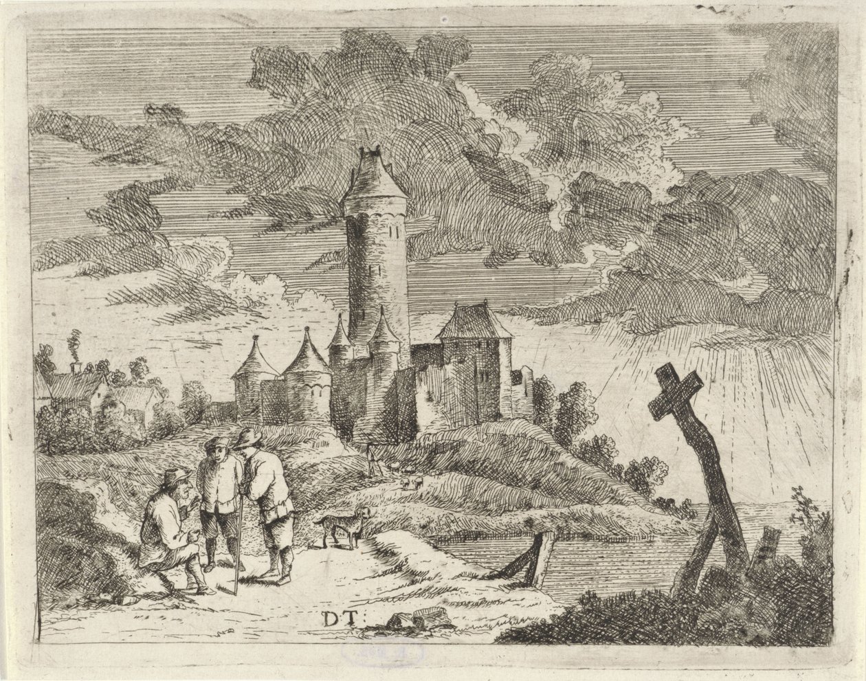 Landskap med slott og tre menn av Jan Lauwryn Krafft (I) (possibly)