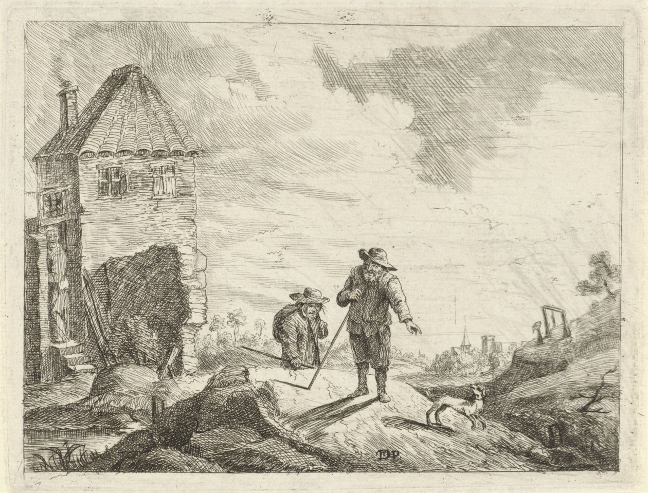 To bønder med hund på landevei av Jan Lauwryn Krafft (I) (possibly)