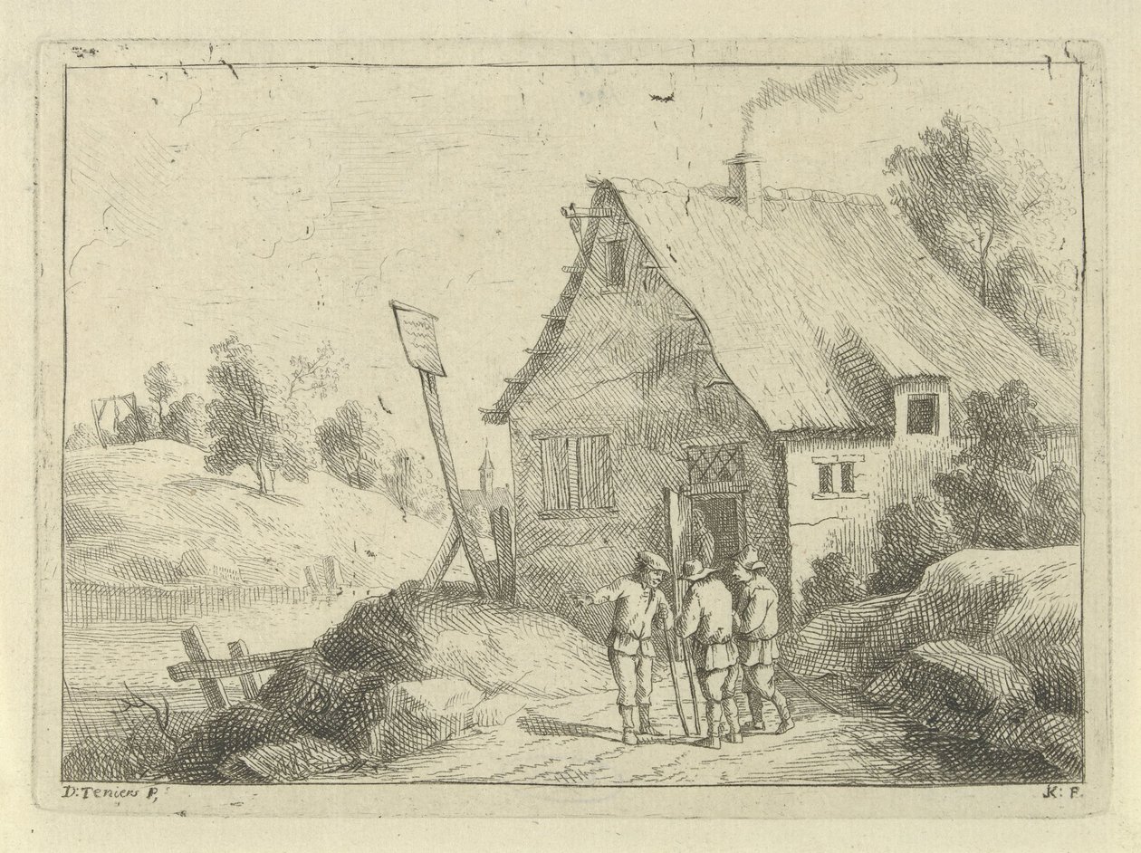 Snakkende menn foran et hus av Jan Lauwryn Krafft (I)
