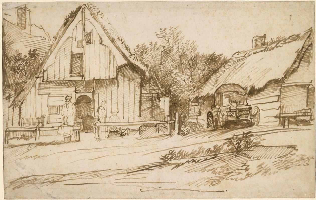 Tre gårdshus ved en vei av Jan Lievens