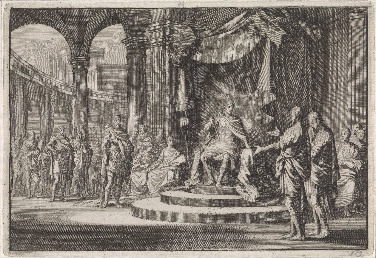 Aleksander og Aristobulos forsvarer seg overfor keiser Augustus av Jan Luyken