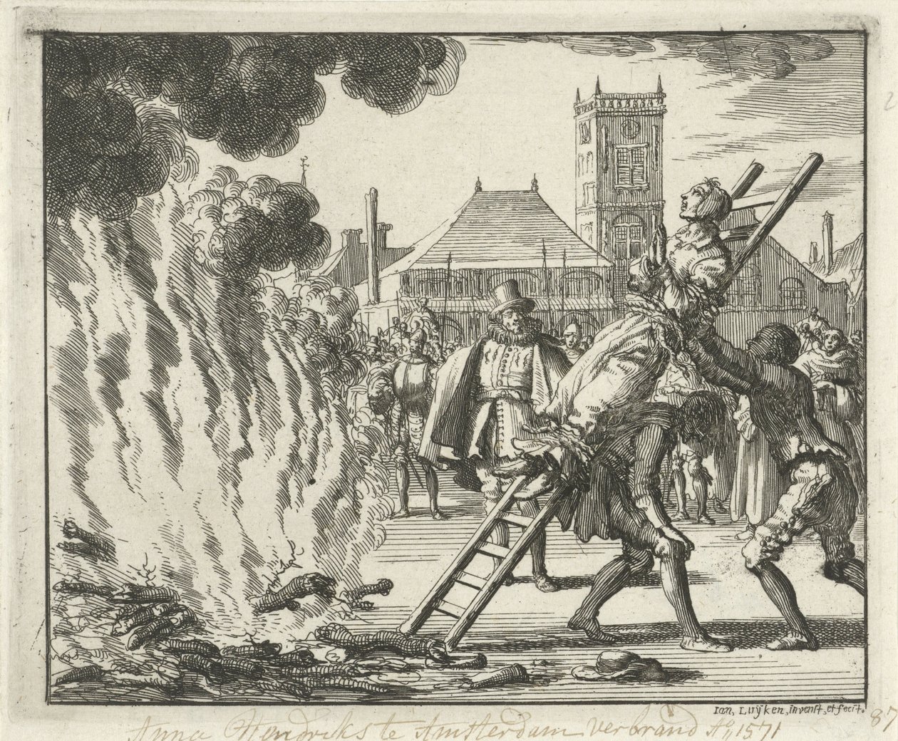 Anneken Hendriks, bundet på en stige, brent i Amsterdam, 1571, 1685 av Jan Luyken