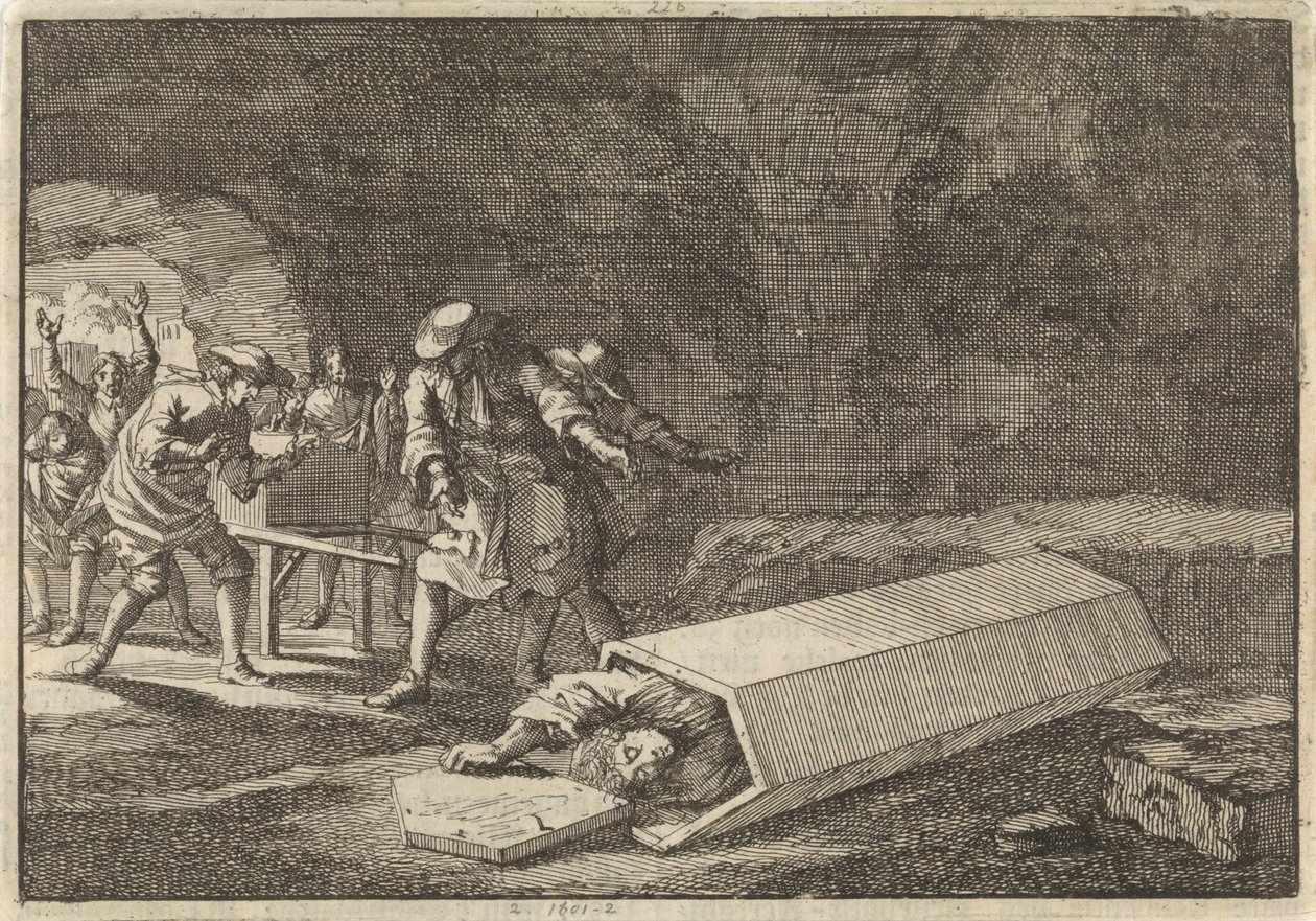 Begravelsestjenere i Roma ser at Antonio Marlini, som de hadde gravlagt i et hvelv noen dager før, må ha vært tilsynelatende død, 1696 av Jan Luyken