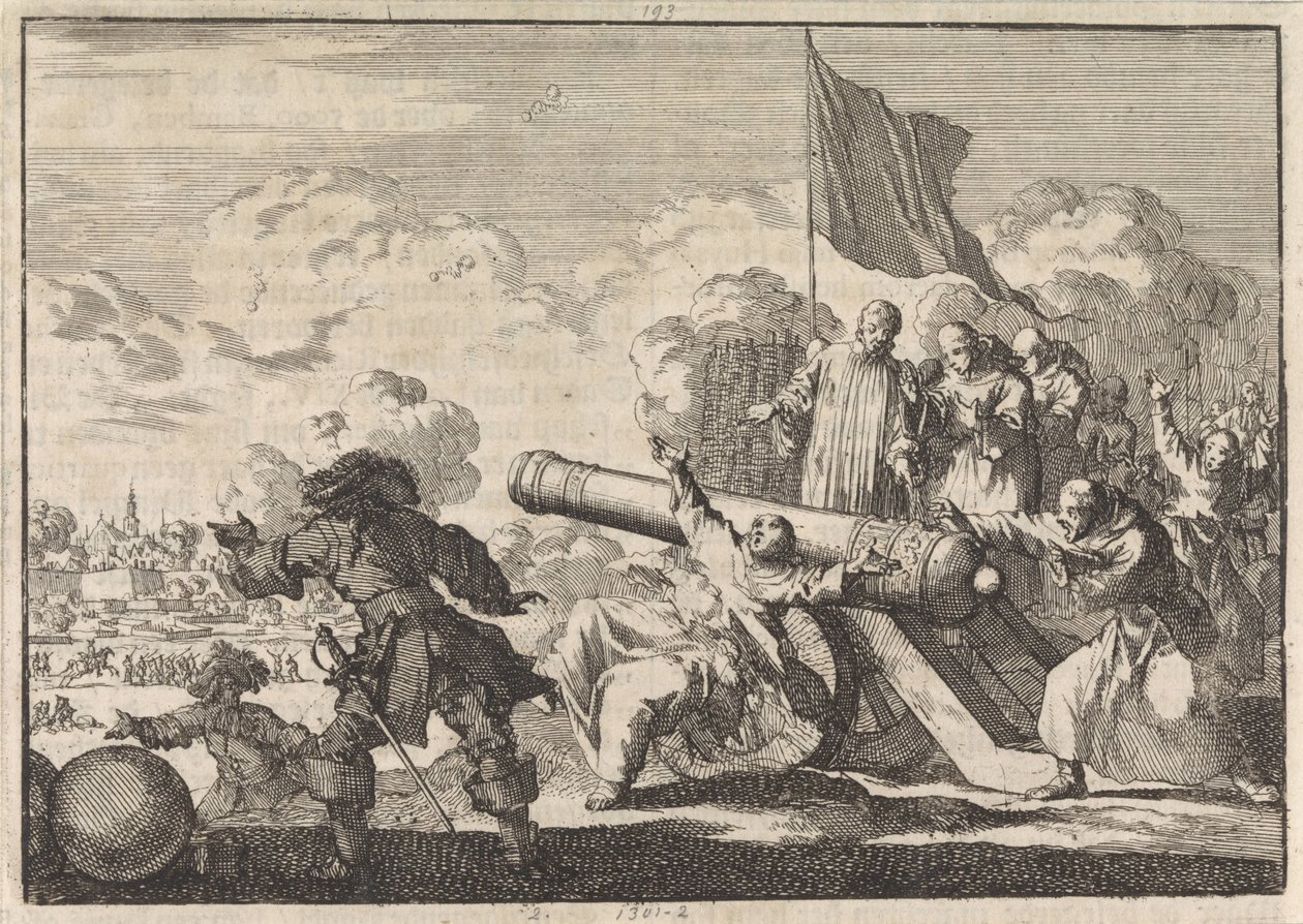 Beleiring av Groningen der en kanon blir velsignet av seks munker, 1672 av Jan Luyken