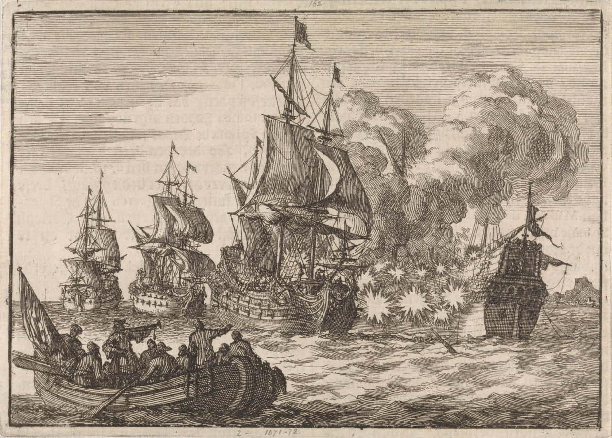 I Valencia blir spansk admiral Papachino angrepet av tre franske skip under admiral Tourville for ikke å hilse raskt nok, 1688 av Jan Luyken
