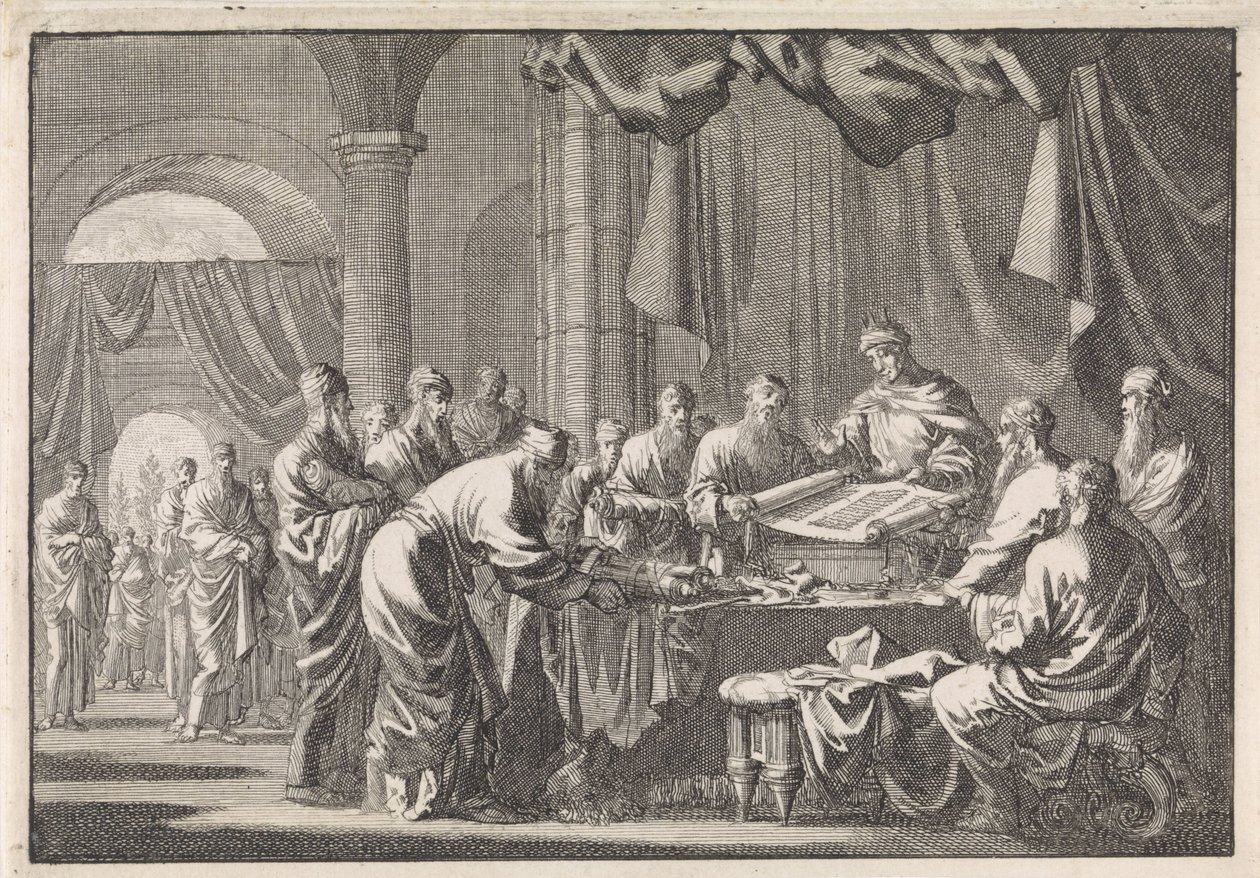 Møte med de 72 oversetterne av loven etter ordre fra kong Ptolemaios Philadelphus av Jan Luyken