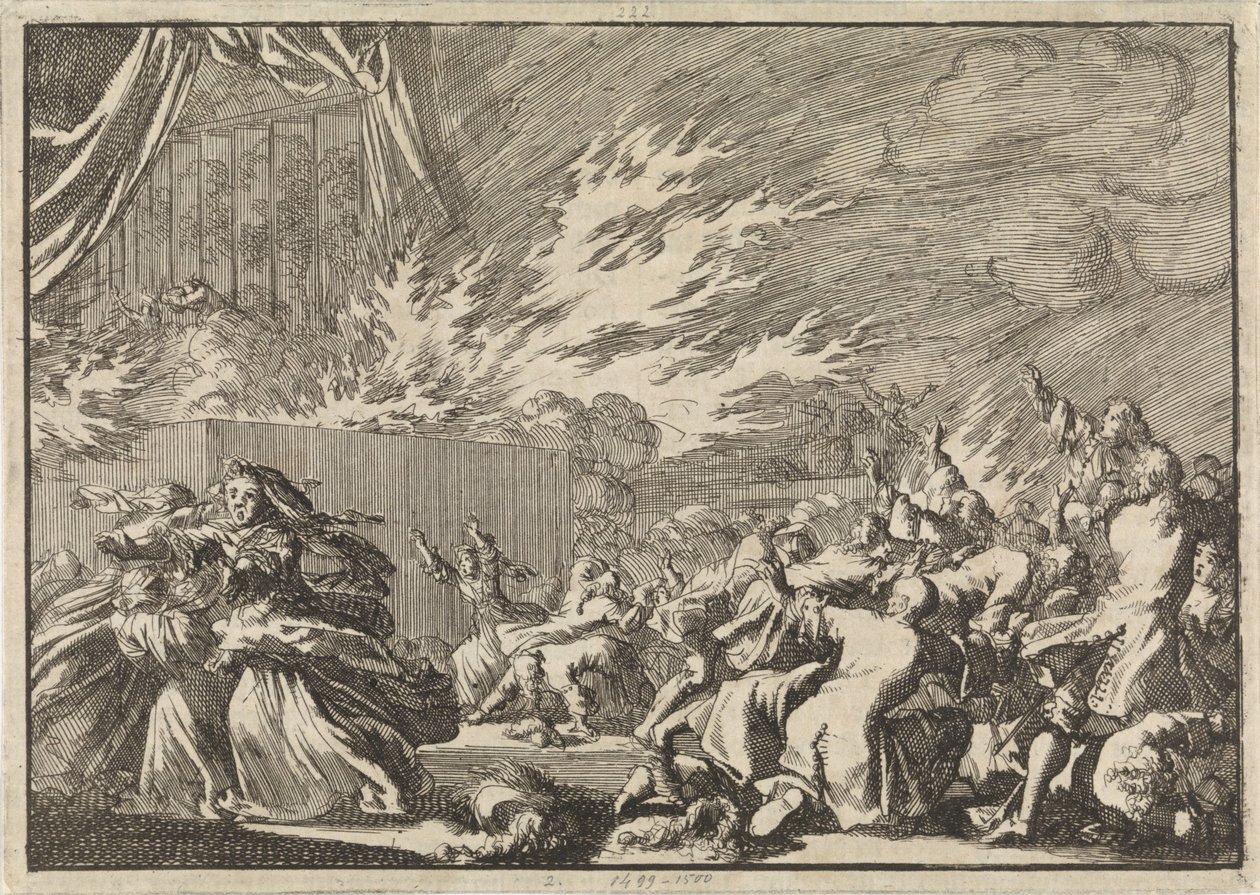 Brann i et treskur der en teaterforestilling finner sted ved siden av Amelienborg slott i København, 1689 av Jan Luyken