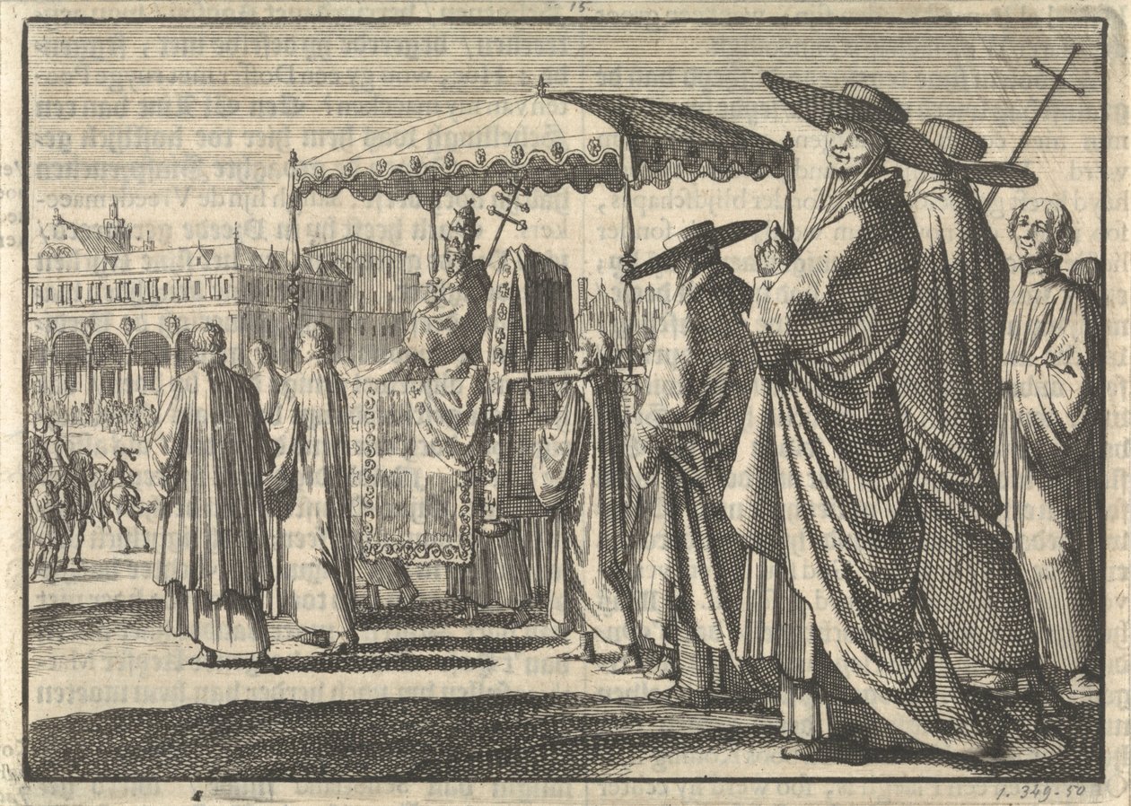 Christian IV, konge av Danmark, kledd som pave, imiterer en prosesjon med sine hoffmenn, 1596 av Jan Luyken