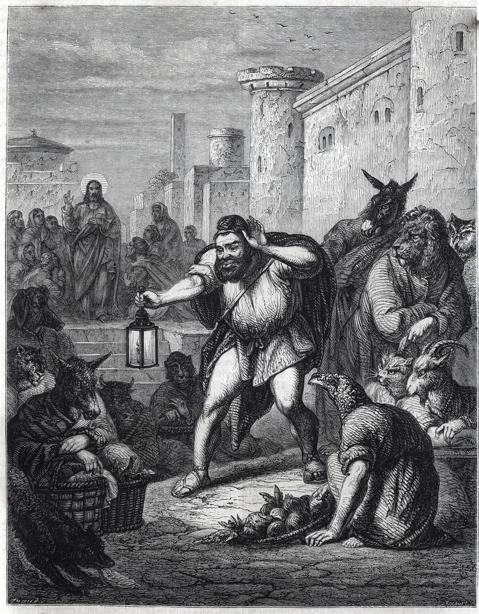 Esop og Kristus: Den greske forfatteren Esop (Esop eller Esopus, 600-tallet f.Kr.), med en lykt i hånden, krysser en vandring mellom karakterer med dyrehoder på jakt etter "en mann". Bak ham ser vi Jesus Kristus. Illustrasjon inspirert av fabelen «Esope a  av Jan Luyken