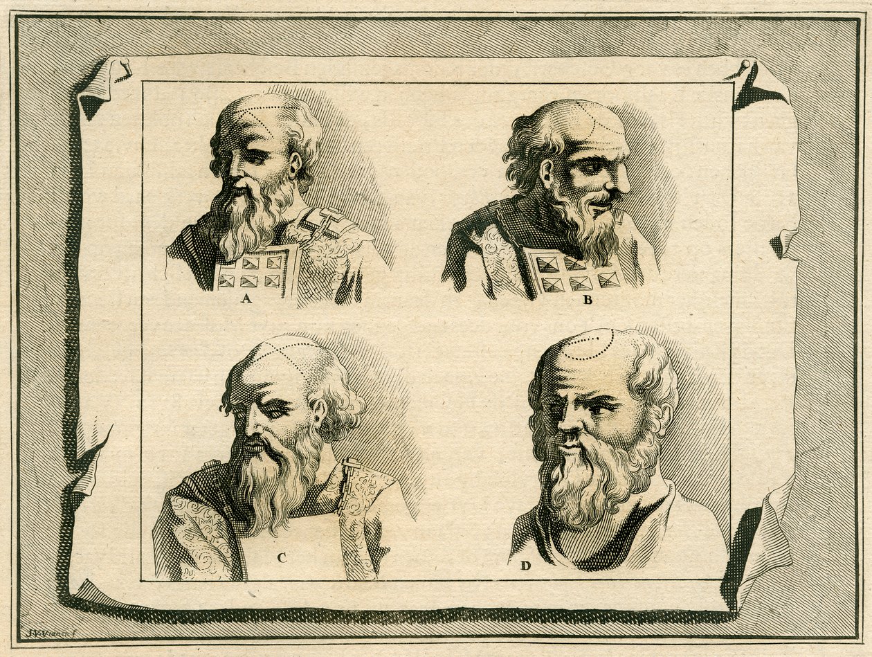 Greske bokstaver tegnet på yppersteprestens hode som en del av innvielsessalvningen med olje, 1700 av Jan Luyken