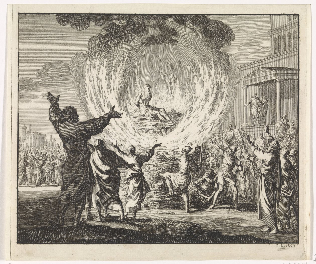 St. Polycarp blir brent på bålet, men flammene brenner ham ikke av Jan Luyken