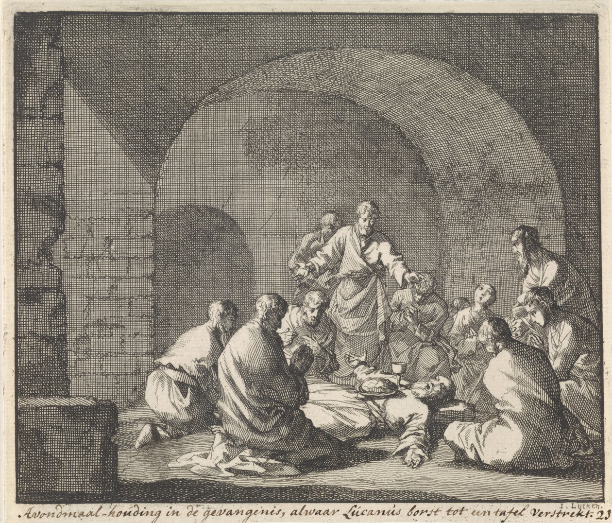 Saint Lucian feirer Herrens nattverd i fengselet Supper i et fengsel der Lucian gir bryst til et bord (tittel på objekt) av Jan Luyken