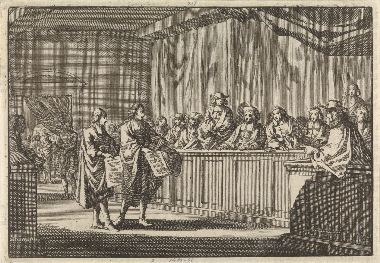 De reformerte pastorene Gilly og Courdil leste en erklæring på synoden i Sorges om at de ville konvertere til den katolske kirke, 3. juni 1683 av Jan Luyken