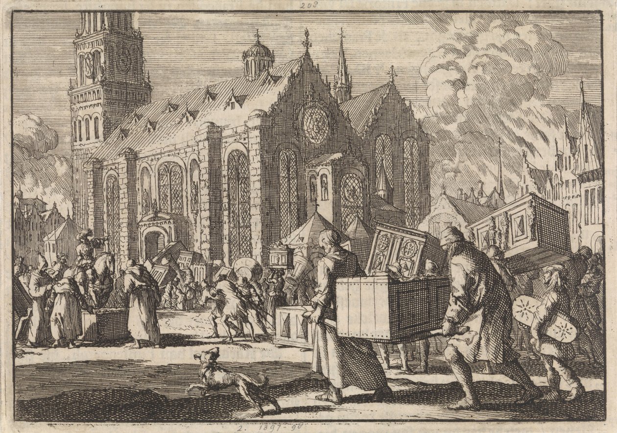 Innbyggerne i Spires bringer i god tro møblene sine til katedralen hvor de deretter blir brent av den franske generalen Monclar, 1689 av Jan Luyken