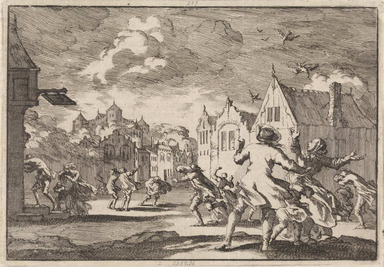 Innbyggere i en landsby nær Luchow slott i Lüneburg blir innhentet av en virvelvind som får fuglene til å falle døde ned fra himmelen, 1671 av Jan Luyken