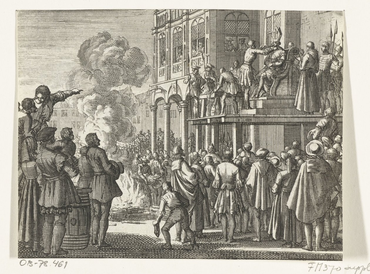Jacob van Campen med bispelue på hodet på skafottet i Amsterdam, 1535 av Jan Luyken