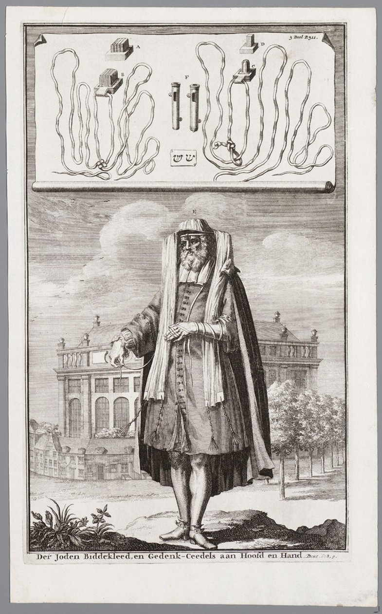 Jødisk mann, kledd for bønn. På bakgrunnen den portugisiske synagogen i Amsterdam av Jan Luyken