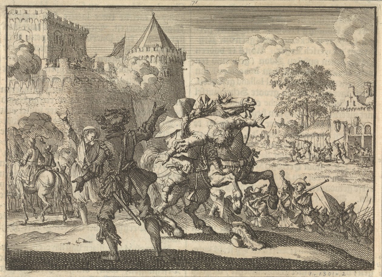 Den keiserlige kommandør Dampier faller fra hesten etter et skudd fra veggene i Presburg (Bratislava), 1620 av Jan Luyken