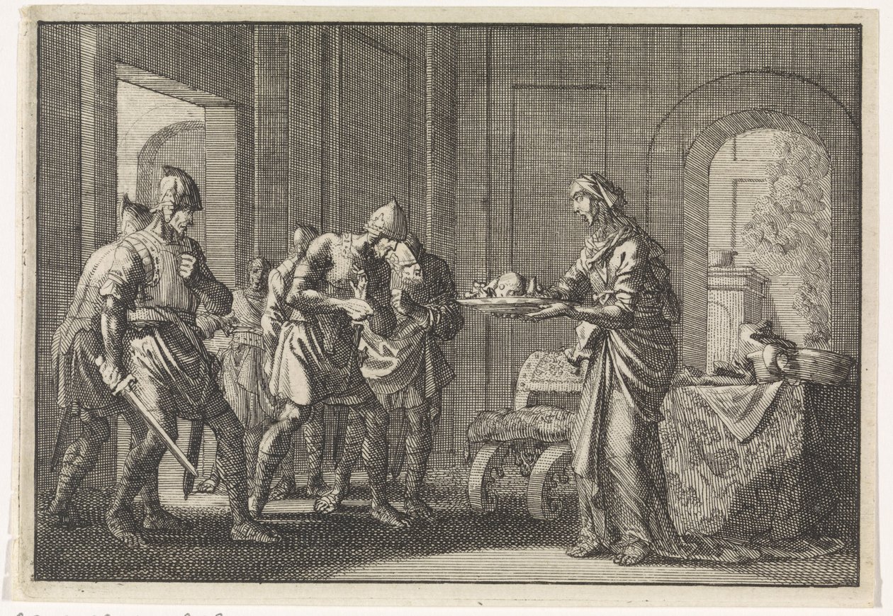 Mor viser krigere restene av hennes spiste barn under hungersnøden i Jerusalem, 1704. av Jan Luyken