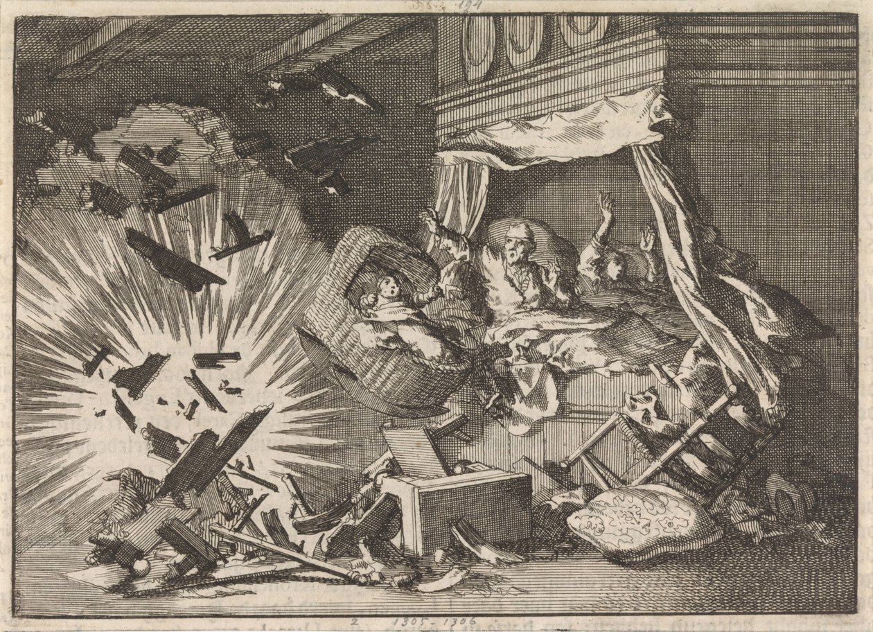 Eksplosjon av en bombe i et hus på Ebbingestraat i Groningen, 1672 av Jan Luyken