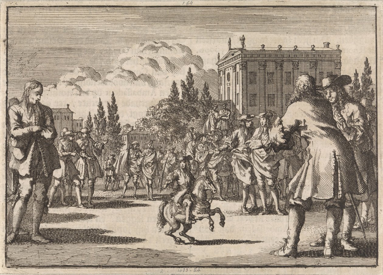 På et torg i Madrid har en folkemengde samlet seg rundt Louisillo, dvergen til kongen av Spania, 1675 av Jan Luyken