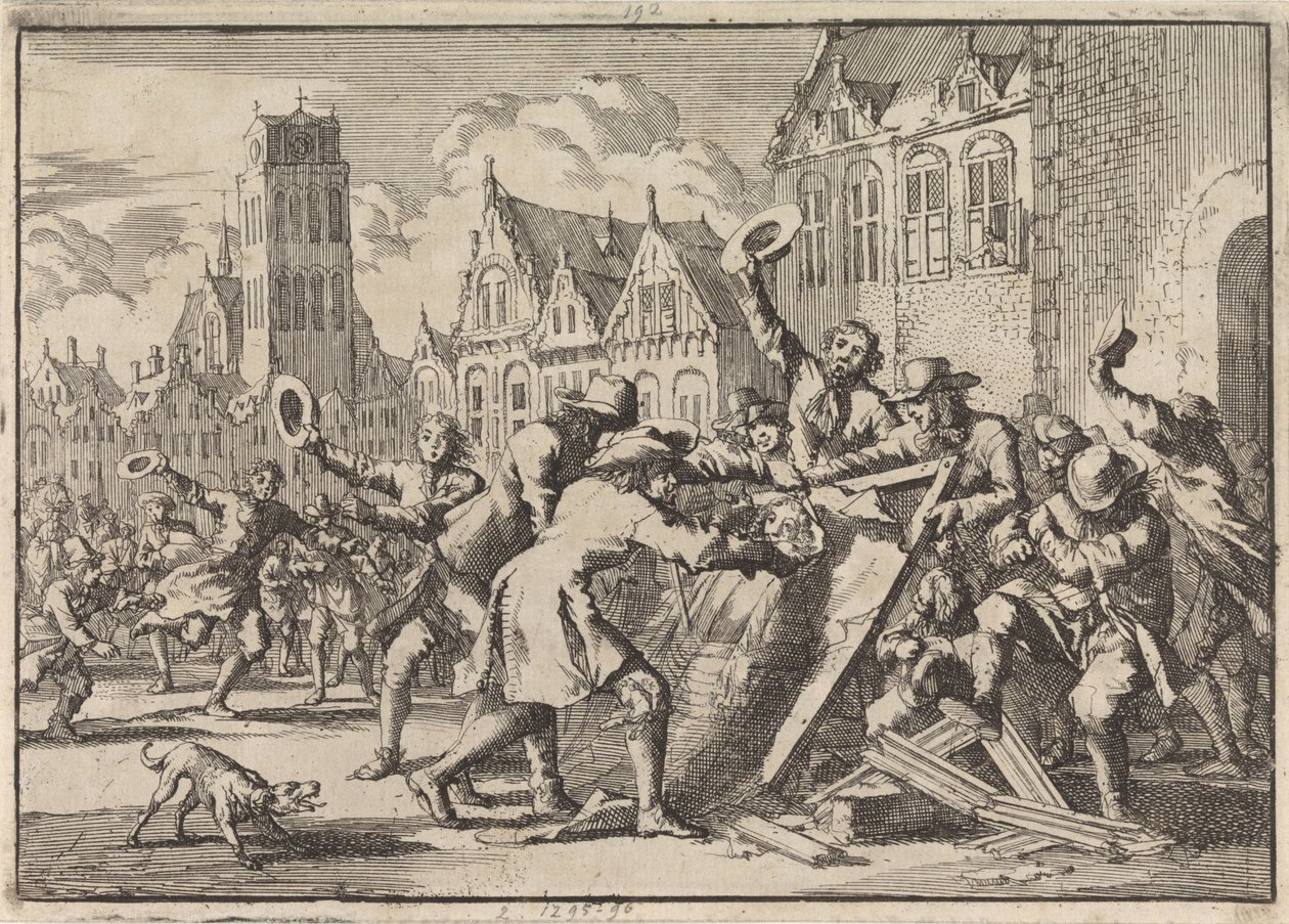 Opprør i Dordrecht der et bilde av Cornelis de Witt blir ødelagt av folket, 1672 av Jan Luyken