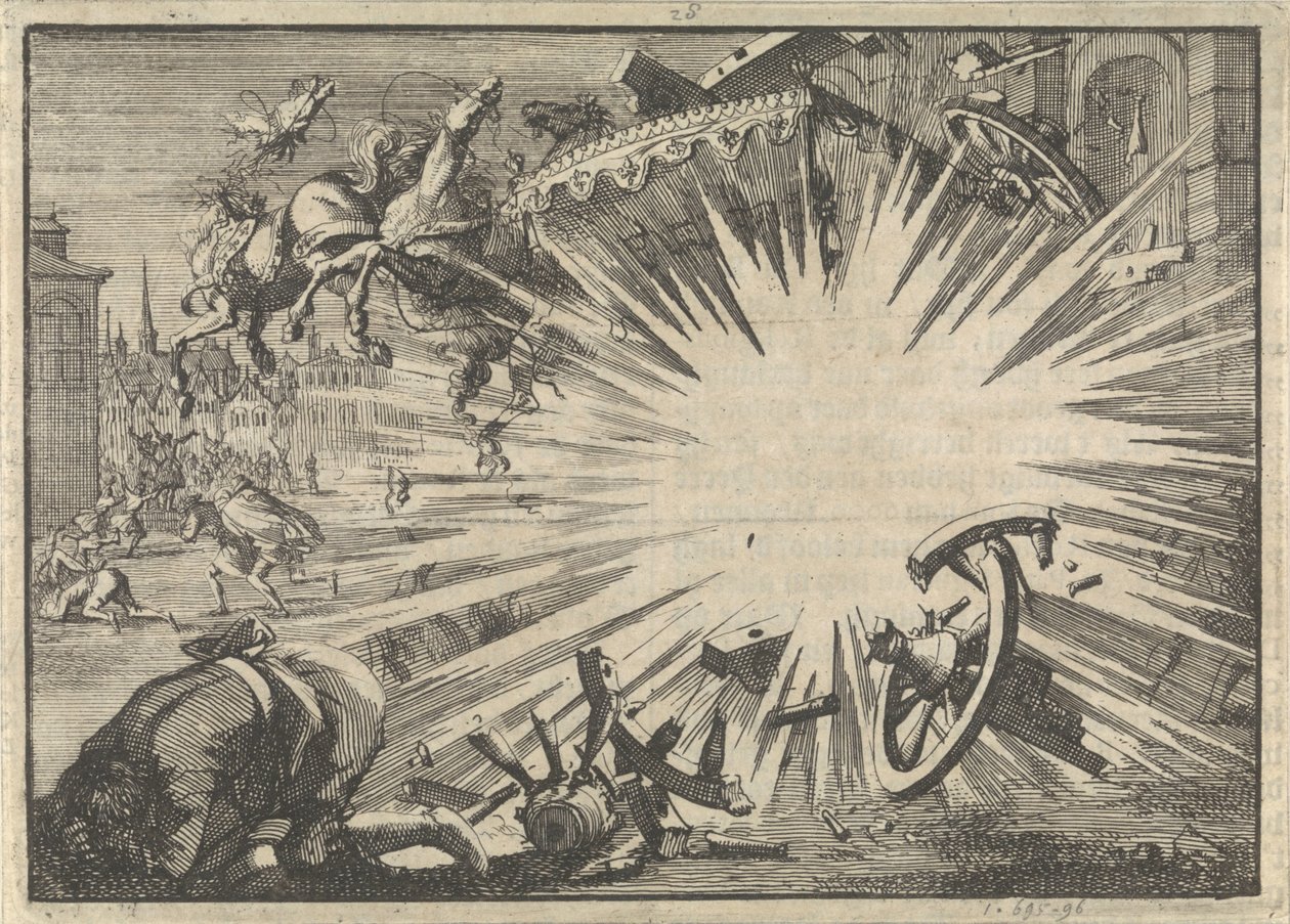 Kong Ludvig XIIIs vogn og hester ødelagt av en infernalsk maskineksplosjon, ca. 1625 av Jan Luyken