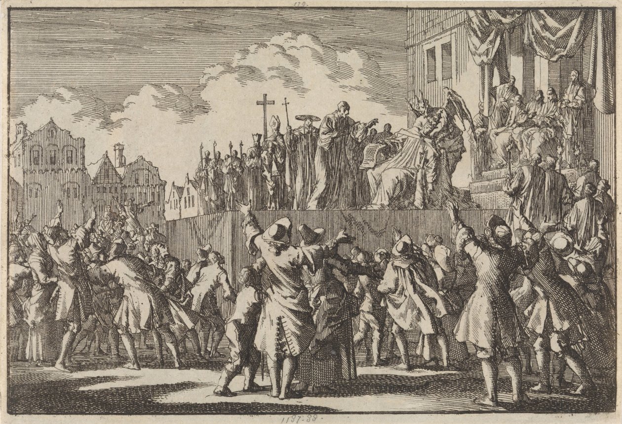 Gatescene i Aberdeen som håner den katolske religionen, 1689 av Jan Luyken