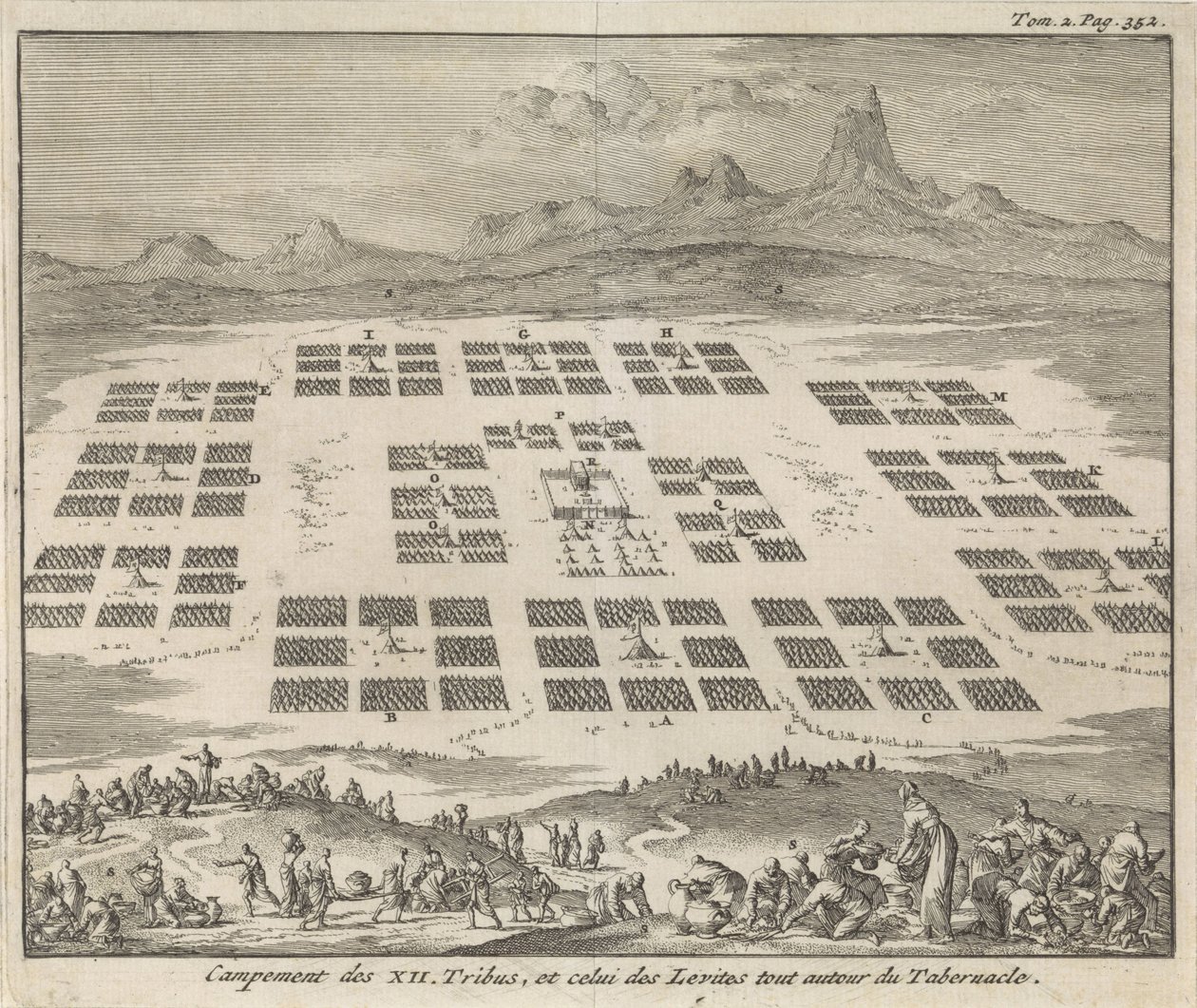 Leirer for Israels tolv stammer satt rundt tabernaklet Campement des XII Tribus, et celui des Levites tout autour du Tabernacle (tittel på objekt) av Jan Luyken