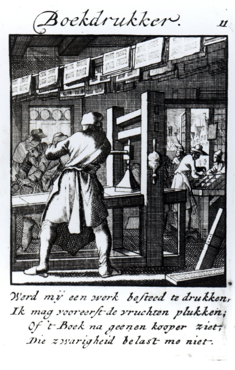 The Book Printer, fra fagboken "Something for All" av Abraham van St. Clara, 1736 (gravering) av Jan Luyken