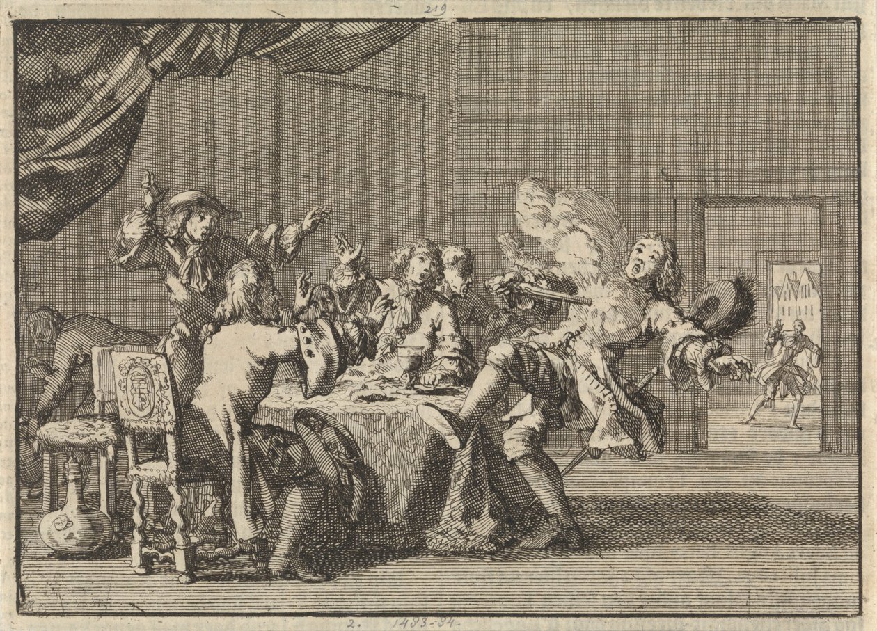 Thomas Tullock, tilhenger av kong James II i Skottland, blir drept av uventet avfyring av pistolen hans, 1690 av Jan Luyken