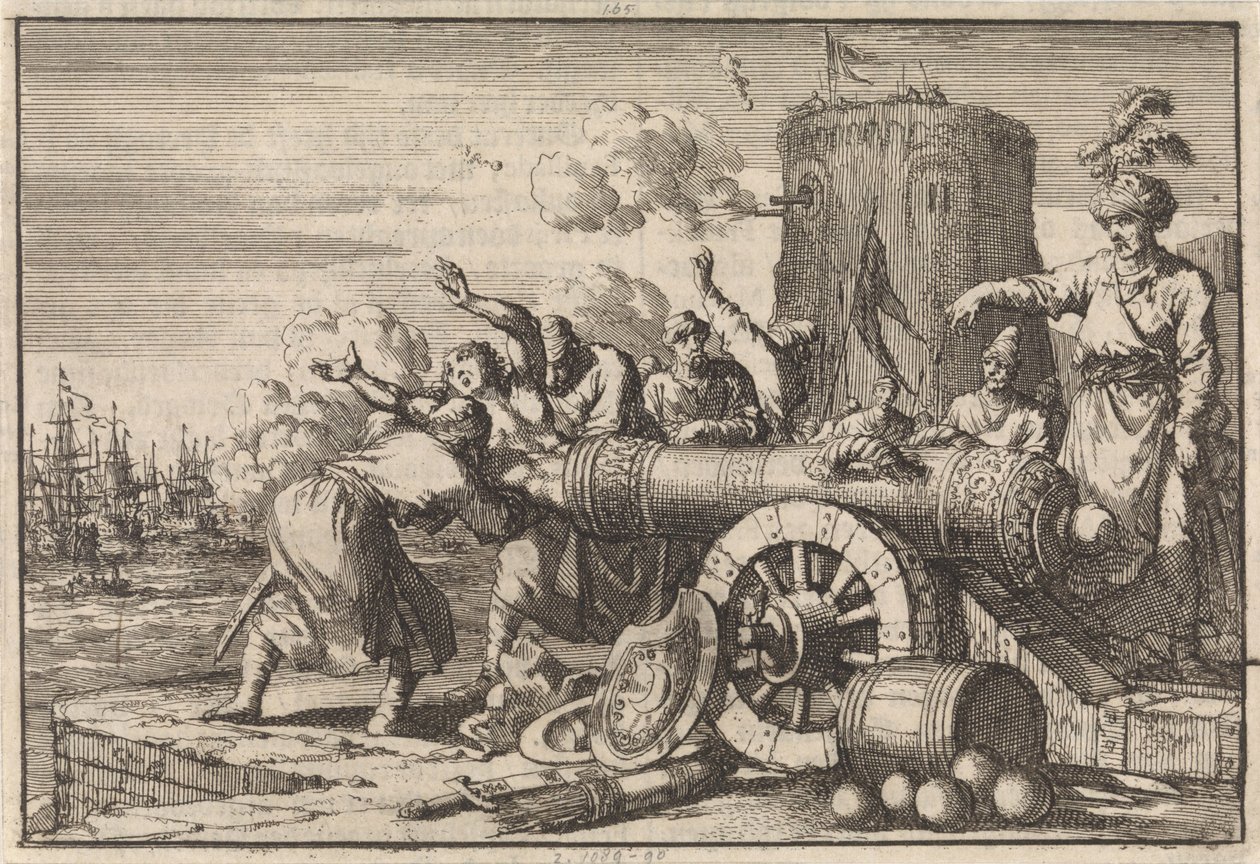 Under det franske bombardementet av Alger blir den franske konsulen lastet inn i en kanon av algerierne og drept, 1683 av Jan Luyken