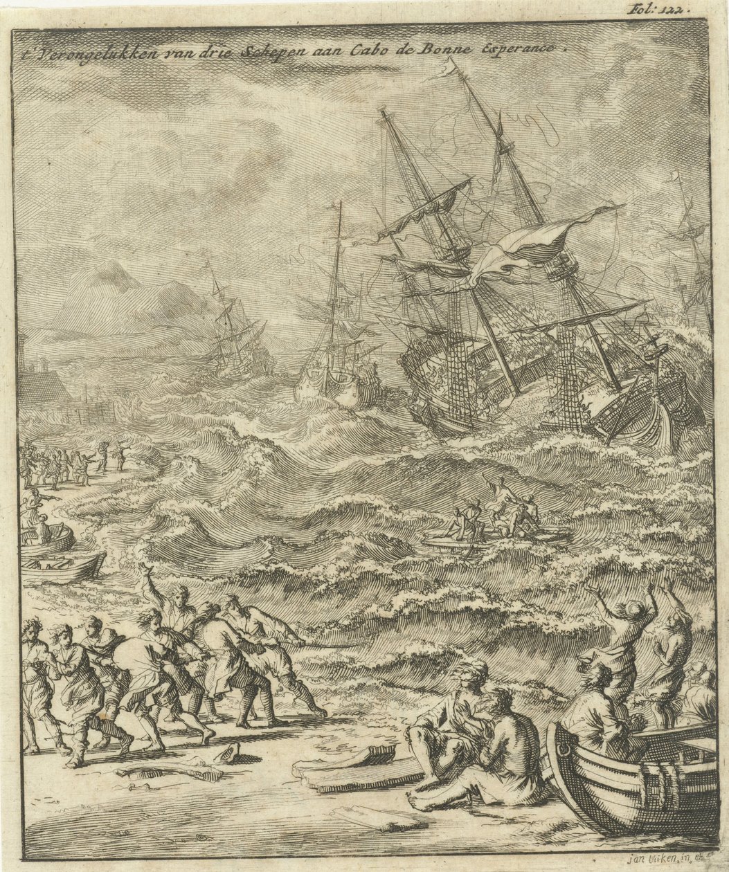 Forlis ved Kapp det gode håp, 1693 The Crashing of Three Ships at Cabo de Bonne Esperance (tittel på objekt) av Jan Luyken