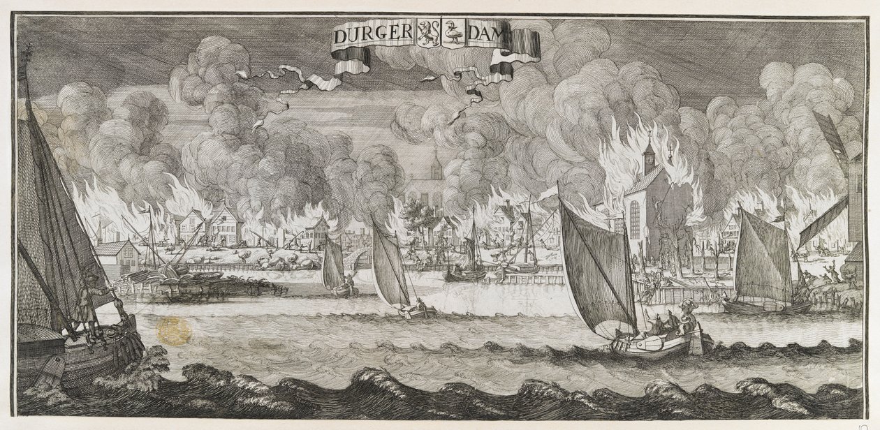 Utsikt over landsbyen Durgerdam, nær Amsterdam, under brannen i 1687 (gravering) av Jan Luyken