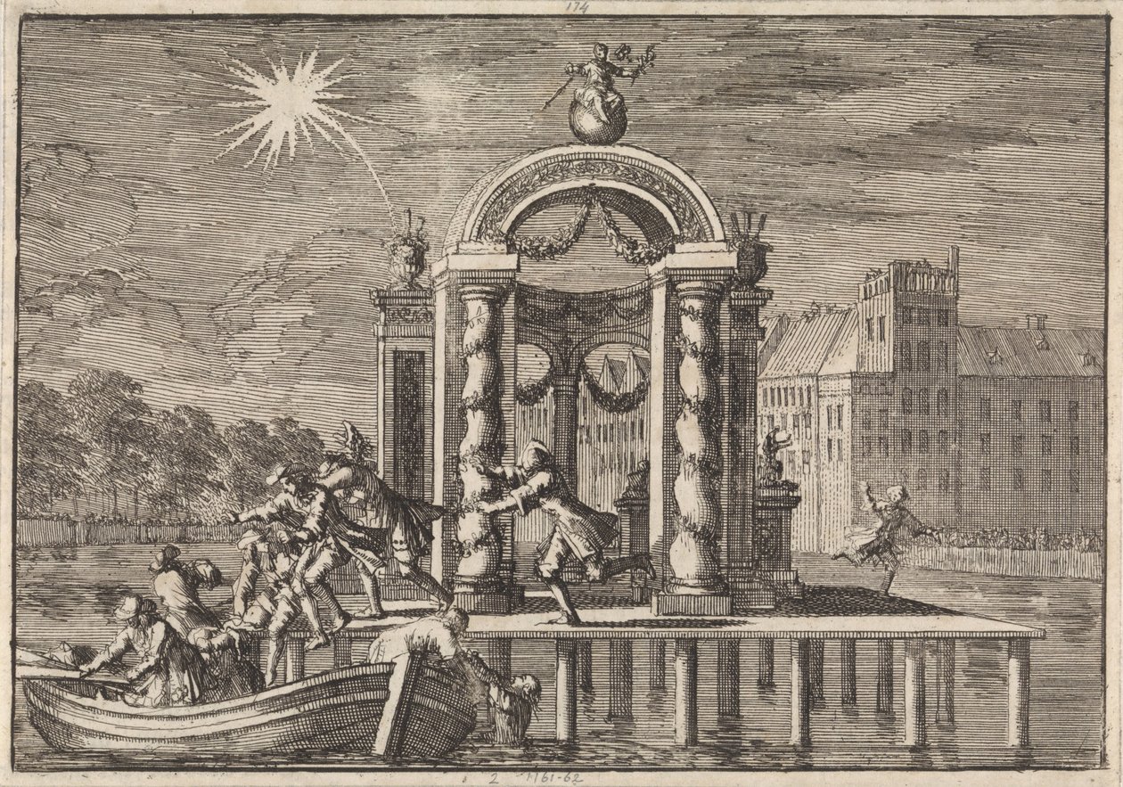 Pyroteknikere på flukt ved en stor utsmykning på Vijverberg i Haag til ære for fødselen til sønnen til kong James II, 1688 av Jan Luyken