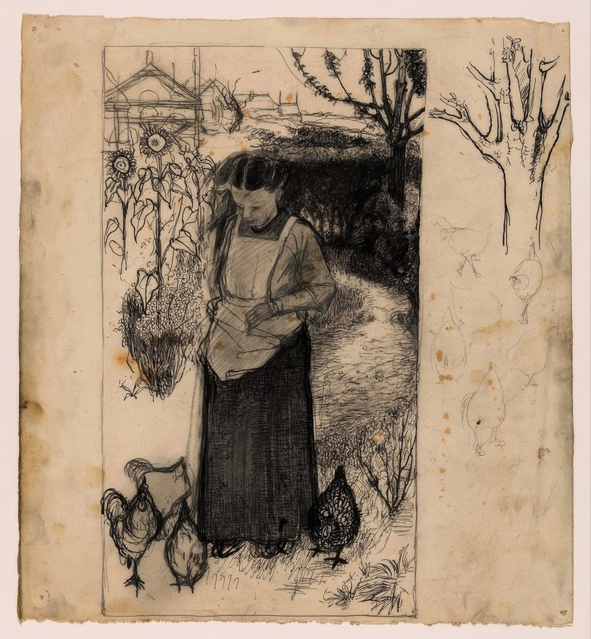 Annie Mankes-Zernike mater kyllingene, til høyre: studier av et tre og kyllinger av Jan Mankes
