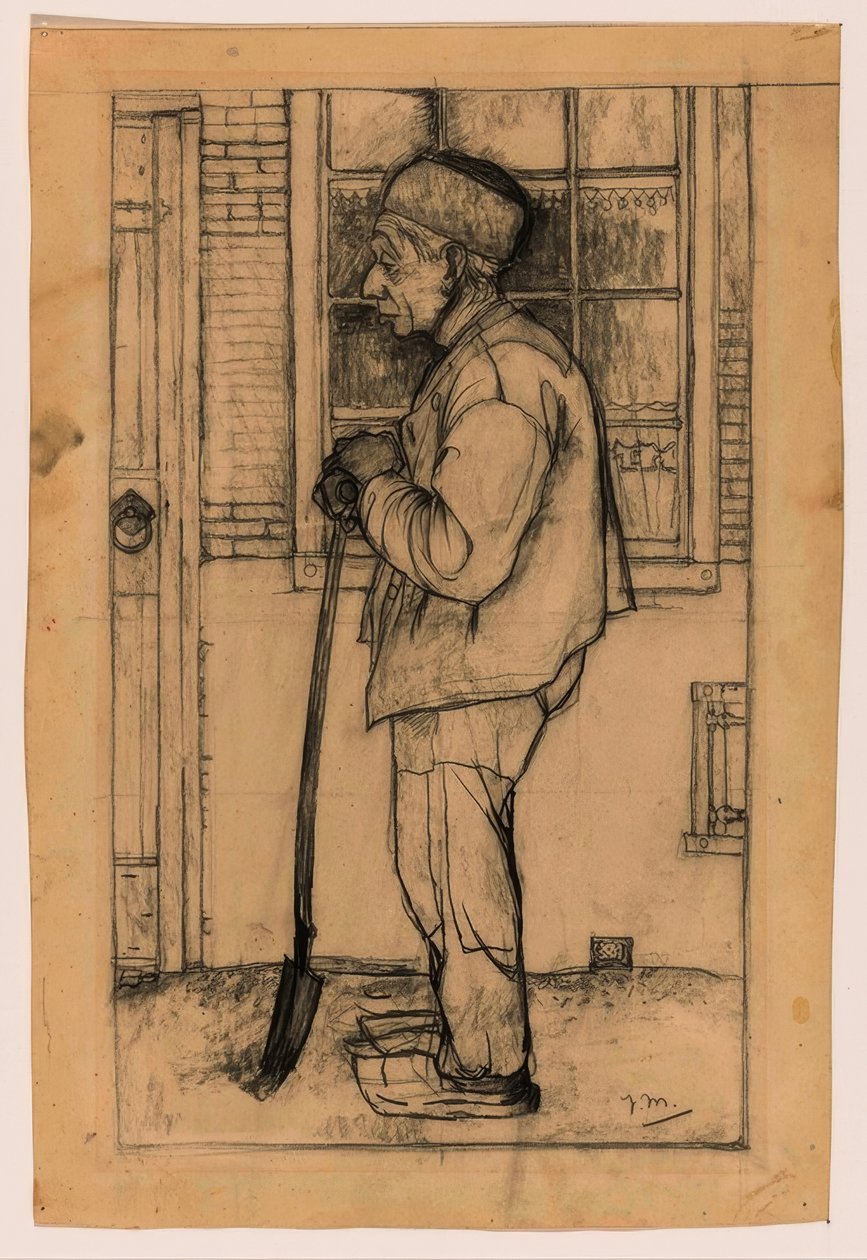 Douwe i profil, stående foran et hus med en spade av Jan Mankes
