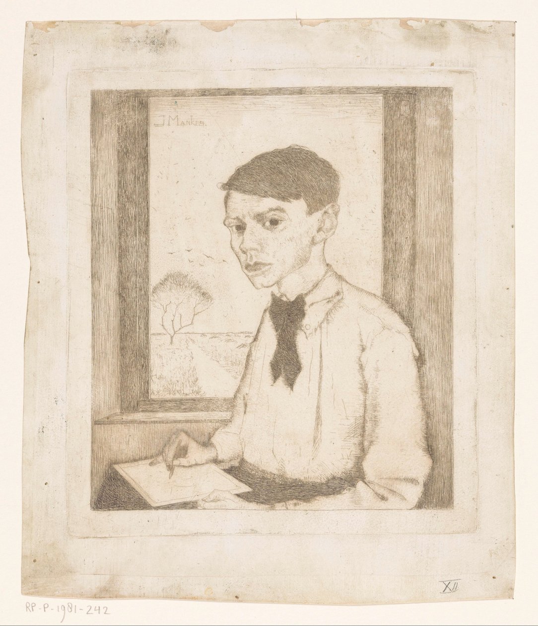 Selvportrett tegning ved et vindu av Jan Mankes