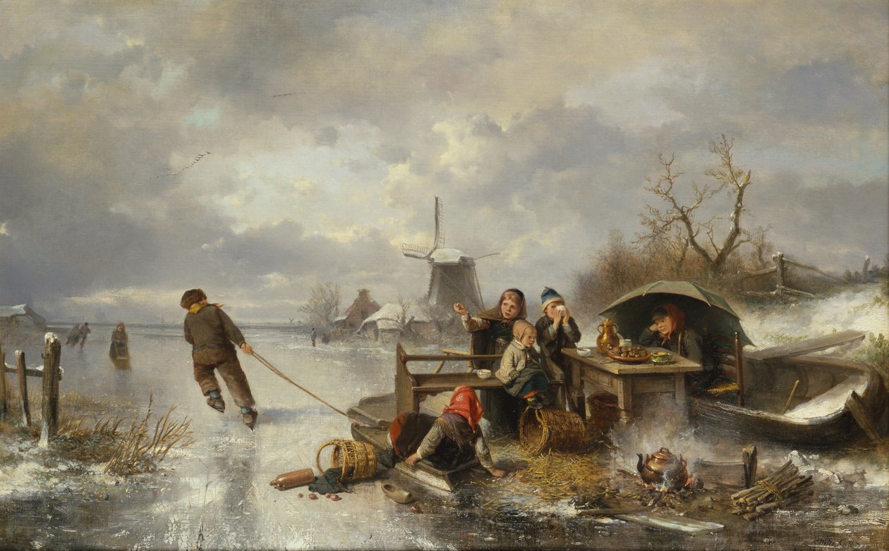Barn som leker på en frossen innsjø i et vinterlandskap (olje på lerret) av Jan Mari Henri Ten Kate