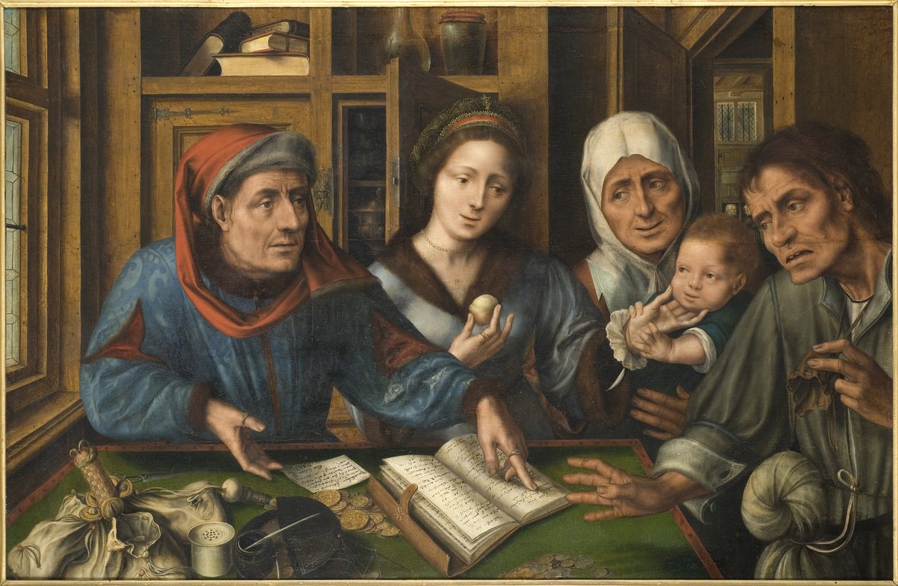 Betalingen av tienden (skatteoppkreveren) - Tienden, av Massys (Matsys), Jan (1510-1575). olje på tre av Jan Massys