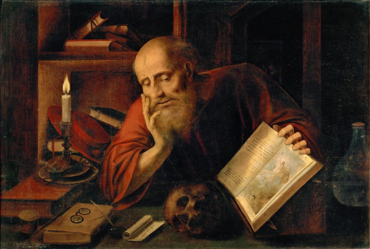 Saint Hieronymus, av Massys (Matsys), Jan (1510-1575). Olje på tre av Jan Massys